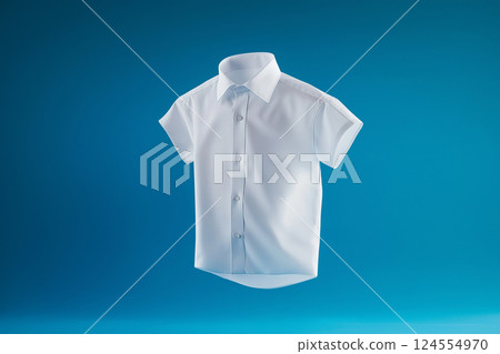 A levitating white shirt displayed in fashion context with a simple blue backdrop. Perfect for themes of textiles, clothing, or modern design. White shirt floating against a blue background A levitating white shirt displayed in fashion context with a simple blue backdrop. Perfect for themes of textiles, clothing, or modern design. White shirt floating against a blue background 124554970