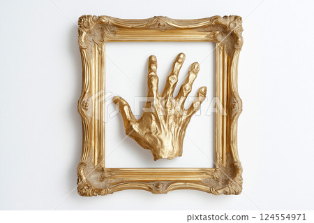 A sculpture of a golden hand displayed in an ornate gold frame on a simple neutral wall, combining classic and contemporary design elements to create a unique art. Golden hand sculpture framed 124554971