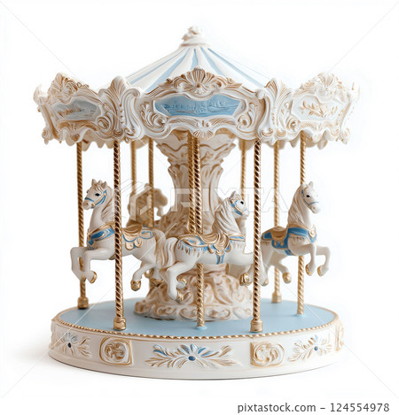 Ornate porcelain carousel isolated on white, pastel blue and white colors, and delicate craftsmanship best for decoration or gift purposes. Decorative porcelain carousel with elegant details 124554978
