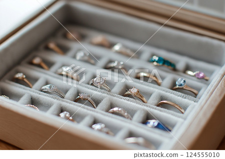 Selection of engagement rings displayed in a jewelry box, showcasing luxury and elegance. Perfect for themes of proposals, special occasions, and gift ideas symbolizing love and commitment. 124555010