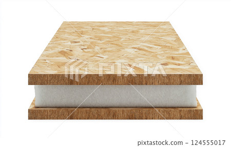 An oriented strand board with a visible polystyrene core layer, showing the material's cross section for usage in building and construction applications for superior thermal and structural properties. 124555017