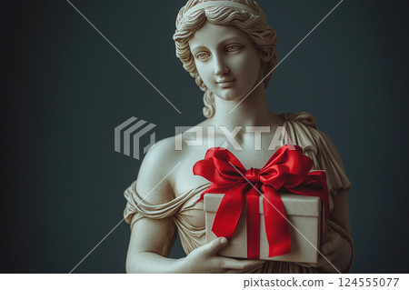 Statue holding a gift box with red bow. Classic Greek sculpture of goddess holding a giftbox. Holidays, presents, sale and gift concept. Copy space, empty space for text Statue holding a gift box with red bow. Classic Greek sculpture of goddess holding a giftbox. Holidays, presents, sale and gift concept. Copy space, empty space for text 124555077
