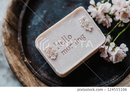 A handcrafted bar of soap embossed with "Hello Morning" complemented by delicate flowers beside it, evoking a sense of freshness and natural beauty, photographed with an artistic and rustic aesthetic. 124555106