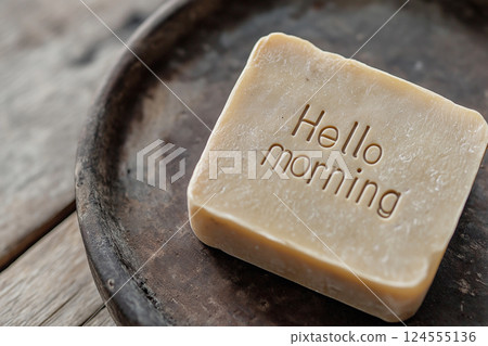 A handcrafted bar of soap embossed with "Hello Morning", evoking a sense of freshness and natural beauty, photographed with an artistic and rustic aesthetic. 124555136