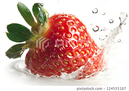 Fresh strawberry splashing in clear water background with vibrant juicy details. A vivid strawberry splashing into water, showcasing freshness and vitality. Summer, vitamins, healthy eating theme 124555187