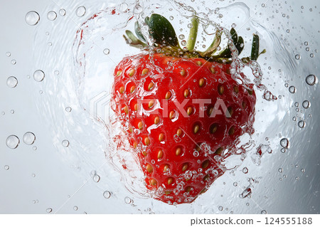 Fresh strawberry splashing in clear water background with vibrant juicy details. A vivid strawberry splashing into water, showcasing freshness and vitality. Summer, vitamins, healthy eating theme 124555188