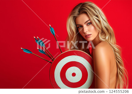 Naked woman holding a rustic archery target with an arrow, hiding behind it on a red backdrop. Woman with a target for an arrow. Objectification, stereotypes, female body, society labels 124555206