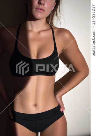 Elegant portrait showcasing refined fitness and stylish modern fashion among concepts. Perfect fit body, fitness and contemporary fashion essence. Sport and diet concept 124555217