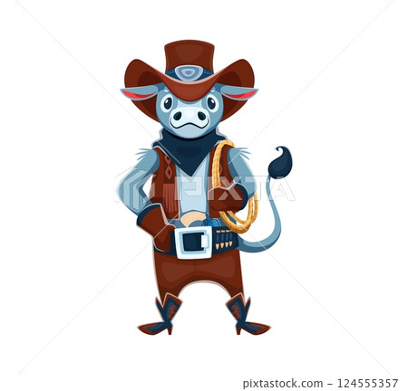 Cartoon bull farm animal cowboy, bandit character dressed as a rancher, holds a rope lasso and exudes a confident western charm with its brown leather hat, boots, vest, and a belt with a large buckle 124555357