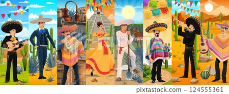 Cartoon Mexican characters collage showcases Latin culture with traditional mariachi musicians, charros, folkloric dancers, tequila producer characters and festive decorations on the desert background Cartoon Mexican characters collage showcases Latin culture with traditional mariachi musicians, charros, folkloric dancers, tequila producer characters and festive decorations on the desert background 124555361