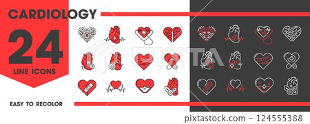 Heart cardiology line icons for cardio healthcare, medicine or medical clinic, vector symbols. Red heart line icons for cardiology medicine or ECG and cardiovascular therapy and heart health day 124555388