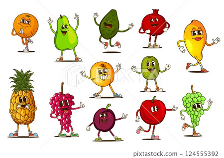 Cartoon retro groovy fruit characters with funny happy faces, vector emoji personages. Funky groovy orange with pineapple and tropical mango or avocado and apple with silly smile for fruit characters 124555392