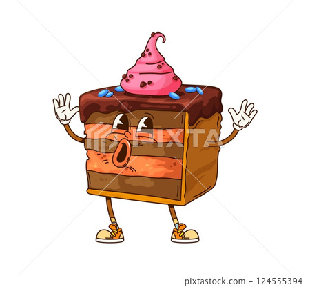 Funny groovy cake dessert cartoon sweet character with comic face, vector pastry emoji. Groovy cake or tart with pink cream and funky crazy face singing for pastry dessert cartoon silly character 124555394