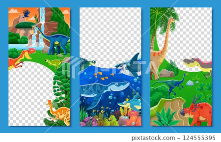 Social media frame templates with prehistoric dinosaurs and Jurassic lizards, vector banners. Funny dinosaurs and underwater reptiles in jungle forest for social media frame and banner templates Social media frame templates with prehistoric dinosaurs and Jurassic lizards, vector banners. Funny dinosaurs and underwater reptiles in jungle forest for social media frame and banner templates 124555395