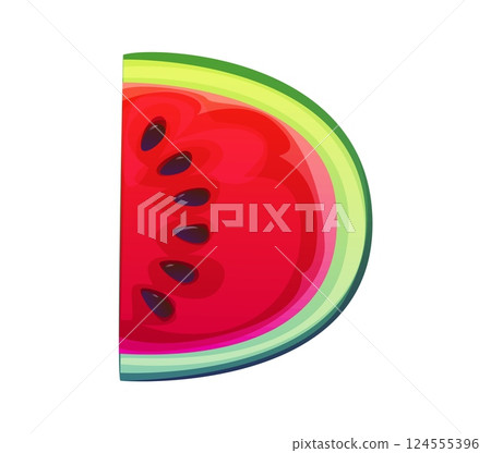 Summer vacation leisure cartoon font watermelon piece letter D. Tourist leisure English alphabet typeset symbol, resort trip vector typeface element. Summer vacation kids ABC type or font letter 124555396