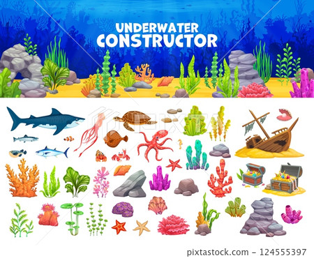 Underwater sea bottom landscape constructor and game assets, cartoon vector. Underwater constructor with fishes and ocean animals of undersea coral reef, sunken ship with treasure chests and sharks 124555397