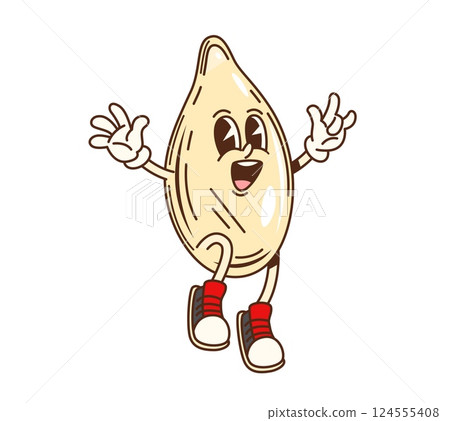 Cartoon groovy pumpkin seed character strikes a lively pose with cheerful and playful hands up gesture, exuding happiness and charm. Isolated vector retro food personage promotes healthy eating 124555408