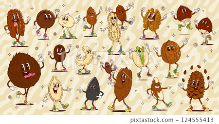 Cartoon groovy nut and seed characters, vector healthy food. Funny hippie peanut, pecan and pine nut vector personages playing with seeds. Groovy almond, walnut, hazelnut and pistachio characters Cartoon groovy nut and seed characters, vector healthy food. Funny hippie peanut, pecan and pine nut vector personages playing with seeds. Groovy almond, walnut, hazelnut and pistachio characters 124555413
