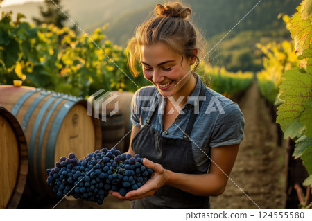 Smiling woman harvesting grapes in lush vineyard 124555580