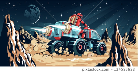 Space explorer drives a futuristic vehicle across a rocky alien landscape under a starry sky 124555658