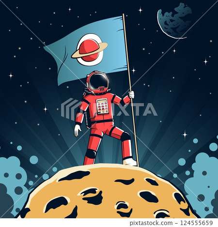 Astronaut stands on an asteroid holding a flag in the background during a cosmic exploration mission 124555659