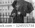 portrait of old man with an umbrella behing a window covered by rain drops in the street 124555738
