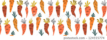 Orange Carrot seamless pattern. Background of useful vegetables for healthy diet. Hand drawn farm products and crops. Harvest festival. Wrapping paper or restaurant menu. Vector flat illustration. 124555774