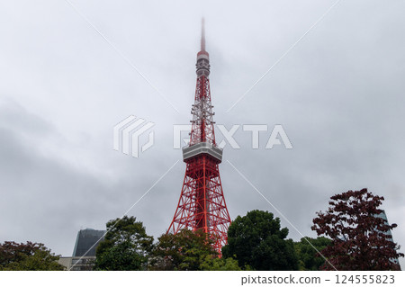 Tokyo Tower emerges through thick fog with its red steel frame contrasting against the cloudy sky Tokyo Tower emerges through thick fog with its red steel frame contrasting against the cloudy sky 124555823