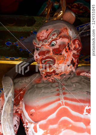Detailed view of a weathered Nio guardian statue at Toshogu Shrine in Nikko 124555845