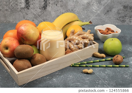 Healthy natural food for flu and colds. Select fresh fruits and vegetables with vitamin C and natural ingredients to boost your immune system during the fall. Organic virus protection, selective 124555866