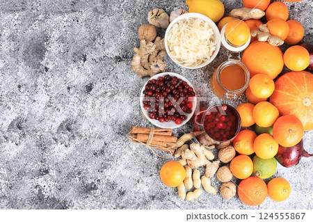 Healthy natural food for the flu and colds. A selection of fresh fruits and vegetables with vitamin C and natural ingredients to strengthen the immune system. Organic virus protection products, 124555867