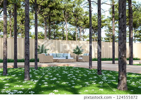 A modern contemporary wooden balcony with rattan furniture 3D render A modern contemporary wooden balcony with rattan furniture 3D render 124555872