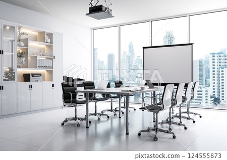 Minimal style modern luxury white meeting room interior 3d render 124555873