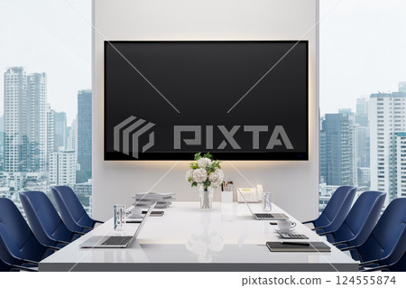 Empty tv screen on white wall in modern meeting room 3d render 124555874