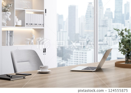 Modern style wooden work table with city view background 3d render 124555875