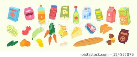 Cartoon Color Different Types Grocery Products Set Nutrition Concept Flat Design Style for Market and Retail. Vector illustration 124555876