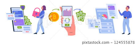 Cartoon Color Characters People and Finance Payments with Phone or Bitcoin and Dollar Transfer Service Set Concept Flat Design Style. Vector illustration Cartoon Color Characters People and Finance Payments with Phone or Bitcoin and Dollar Transfer Service Set Concept Flat Design Style. Vector illustration 124555878