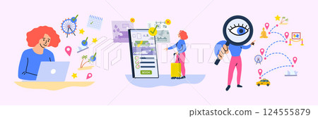 Cartoon Color Character Woman Tourist Planning Trip Concept Flat Design Style. Vector illustration of Booking Hotel and Plans A Route 124555879