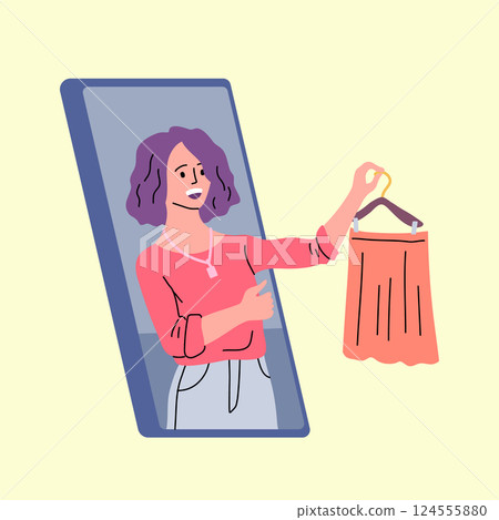Cartoon Color Character Woman Personal Stylist Online Concept Flat Design Style. Vector illustration of Fashion Assistant 124555880
