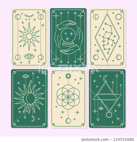 Cartoon Green Magical Tarot Deck Cards Set Mystic Prediction Concept Line Art Design Style. Vector illustration 124555888