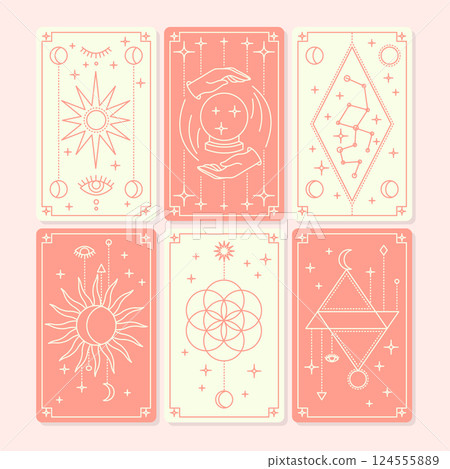 Cartoon Peachy Magical Tarot Deck Cards Set Mystic Prediction Concept Line Art Design Style. Vector illustration 124555889