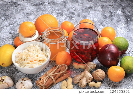 Healthy natural food for the flu and colds. A selection of fresh fruits and vegetables with vitamin C and natural ingredients to strengthen the immune system. Organic virus protection products, 124555891