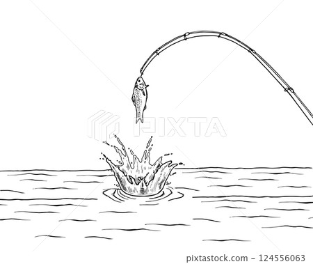 Vector illustration of a fish caught on a hook. This hand drawn black and white sketch captures the moment of a wild fish hanging mid air, perfect for fishing, seafood, and outdoor adventure designs 124556063