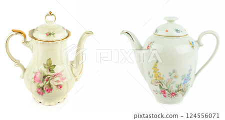 Elegant vintage porcelain coffee pots isolated on white background. Collage. Wide photo. 124556071