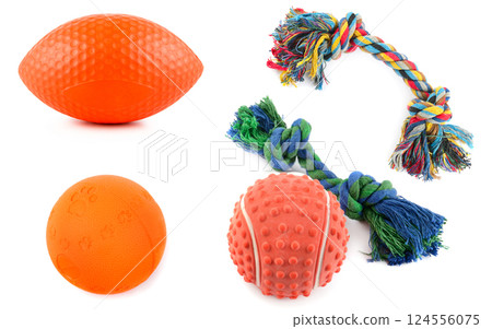 Dog toy balls and rope,isolated on white background. Dog toy balls and rope,isolated on white background. 124556075