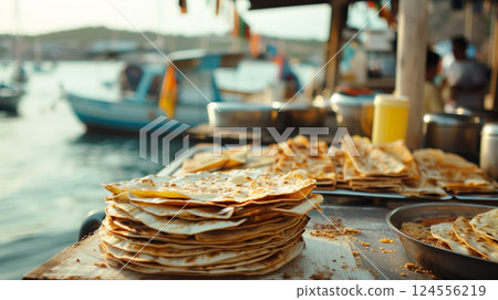 Flatbreads on table at a seaside harbor. 124556219