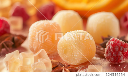 Gourmet candies and spices on warm backdrop. 124556234