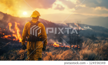 Firefighter watching over a wildfire. 124556349