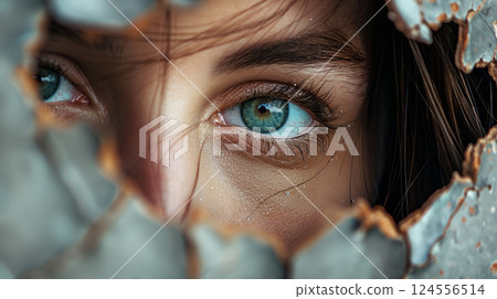 Woman's eye with tear through cracked wall. 124556514