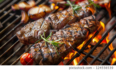 Steak and veggies grilling over open flame. 124556539